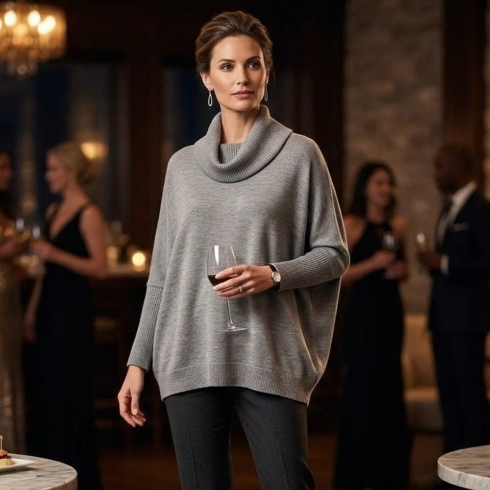 Cynthia Rowley Gray 100% Extrafine Merino Wool Cowl Neck Dolman Sweater L/XL